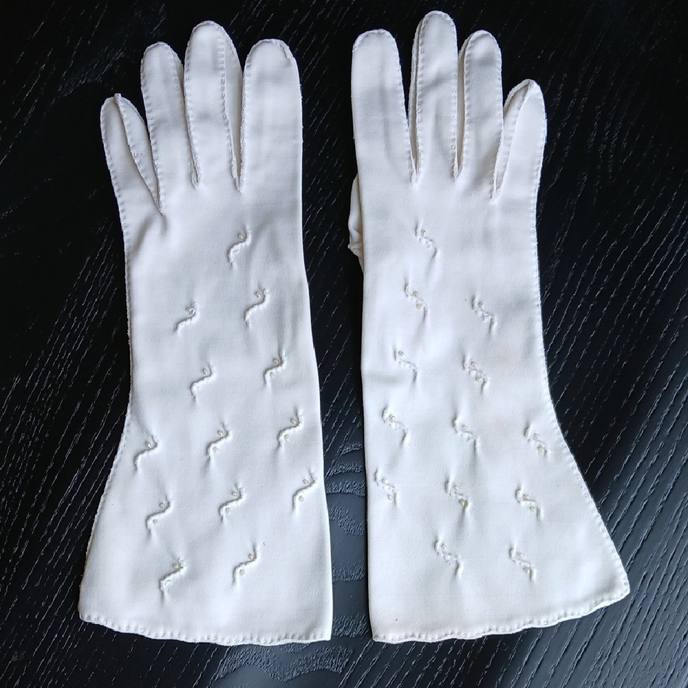 Vintage Van Raalte Formal Ivory White Evening Gloves Faux Pearls